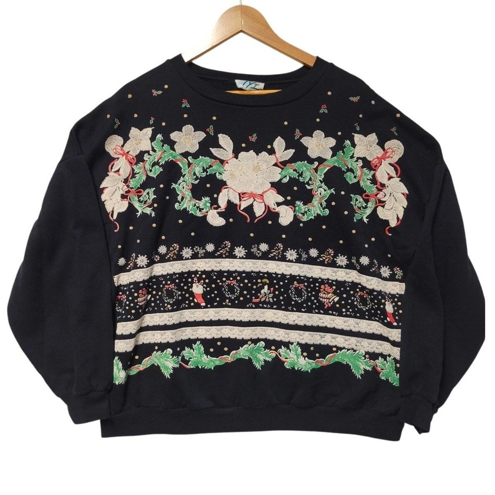 Christmas Sweatshirt Womens Holiday Vtg 90s Poinsettia Wreath Stockings Size 1X